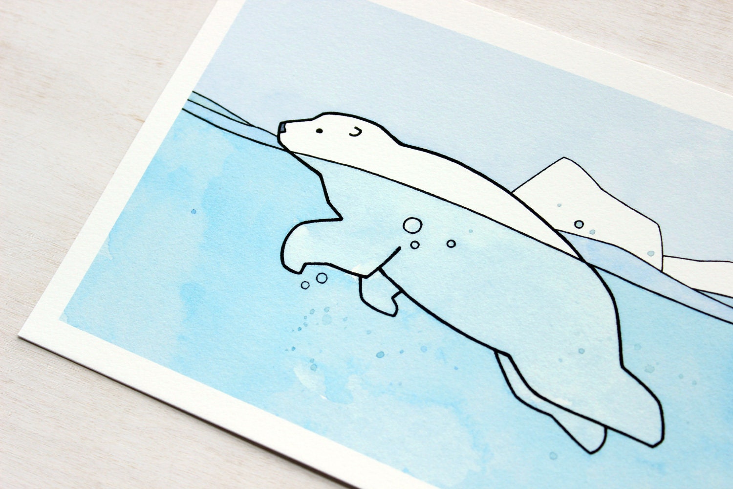Swimming Polar Bear Print, Mini Art Print, Arctic Wall Decor