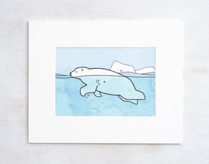 Swimming Polar Bear Print, Mini Art Print, Arctic Wall Decor