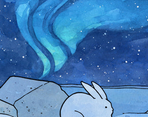 Arctic Northern Lights Print, Snowshoe Hare Illustration