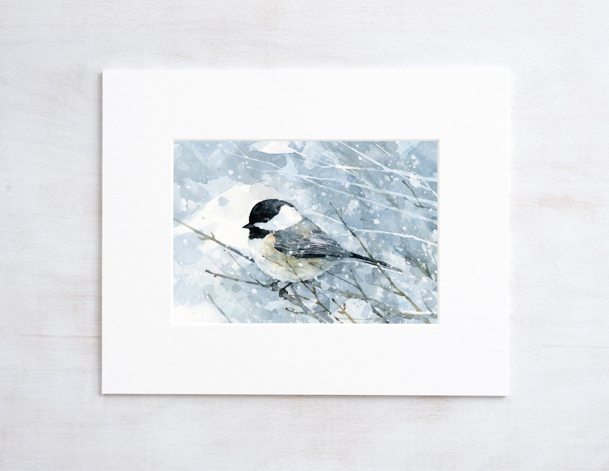 Chickadee in Snow Watercolor Art Print, Bird Painting, Audubon Wall Art