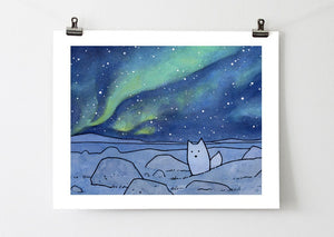 Northern Lights Arctic Fox Art Print, Watercolor Illustration, Kids Room Wall Art, Winter Decor