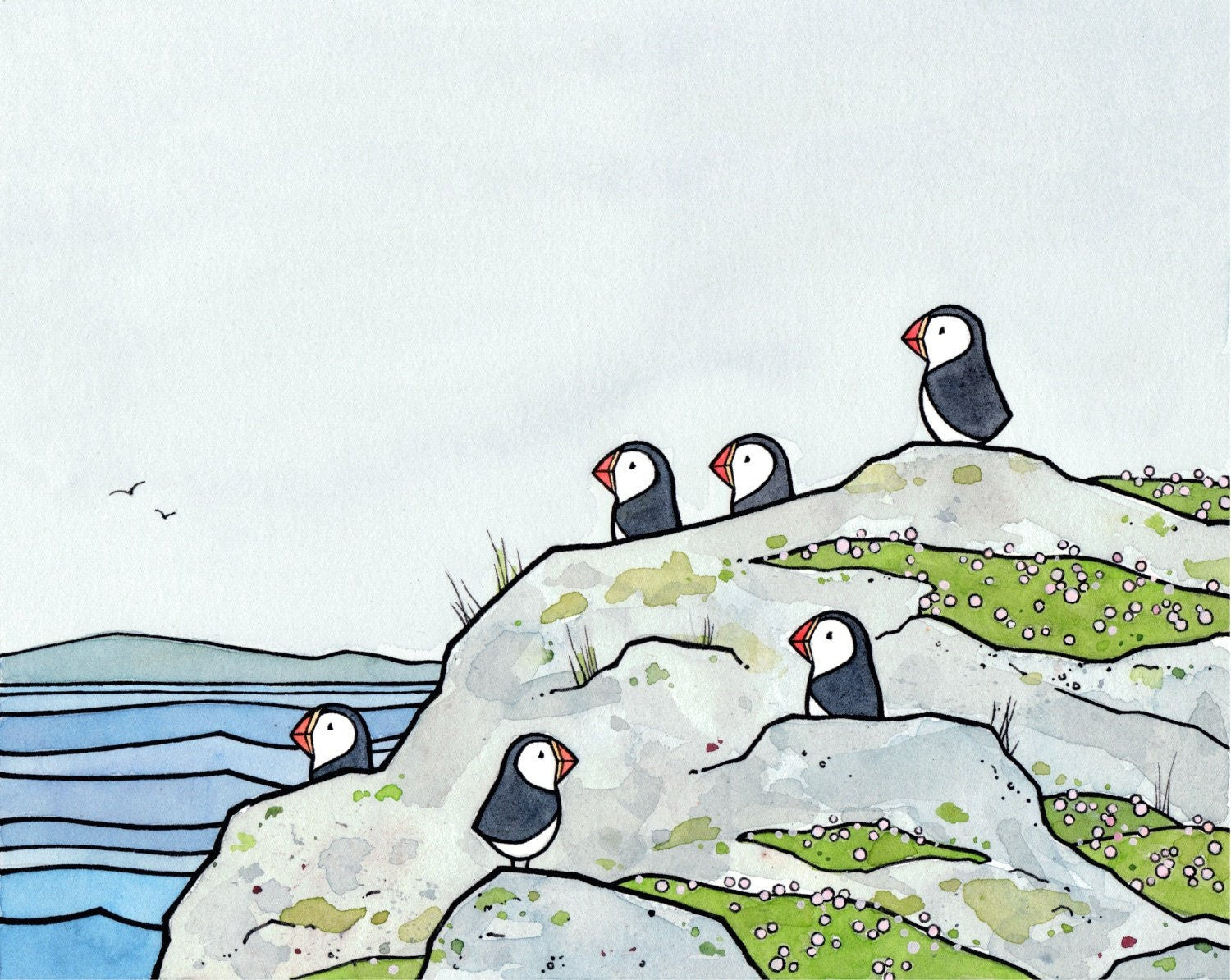 Puffins and Sea Thrift Print, Coastal Bird Art