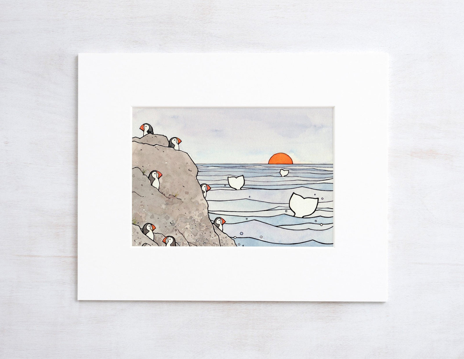 Whale Tails and Puffins Illustration Print, Nursery Wall Art, Coastal Bird Art