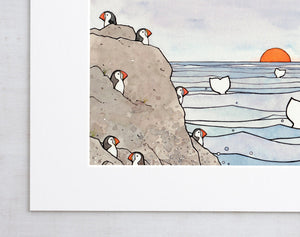 Whale Tails and Puffins Illustration Print, Nursery Wall Art, Coastal Bird Art
