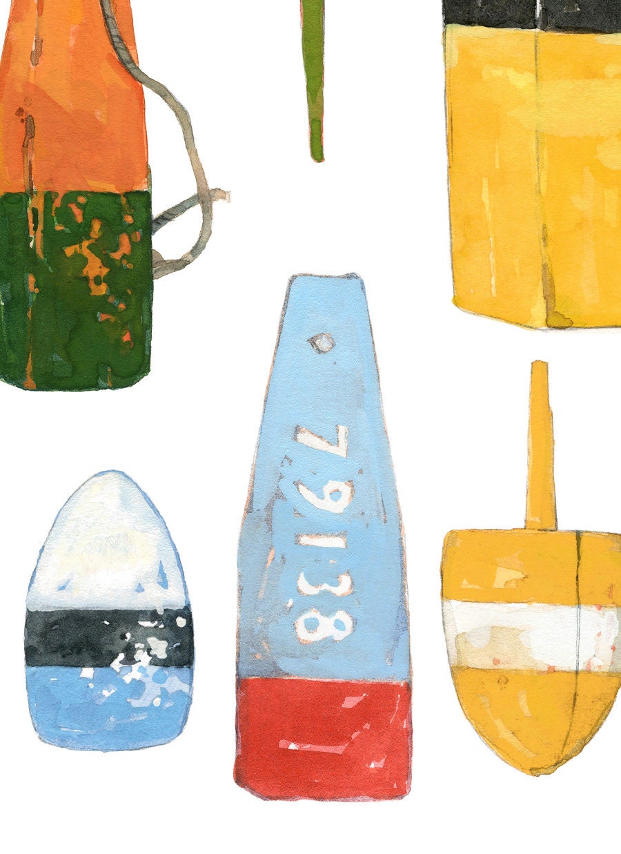 Lobster Buoys Watercolor Painting, Colorful Nautical Print