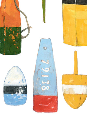 Lobster Buoys Watercolor Painting, Colorful Nautical Print