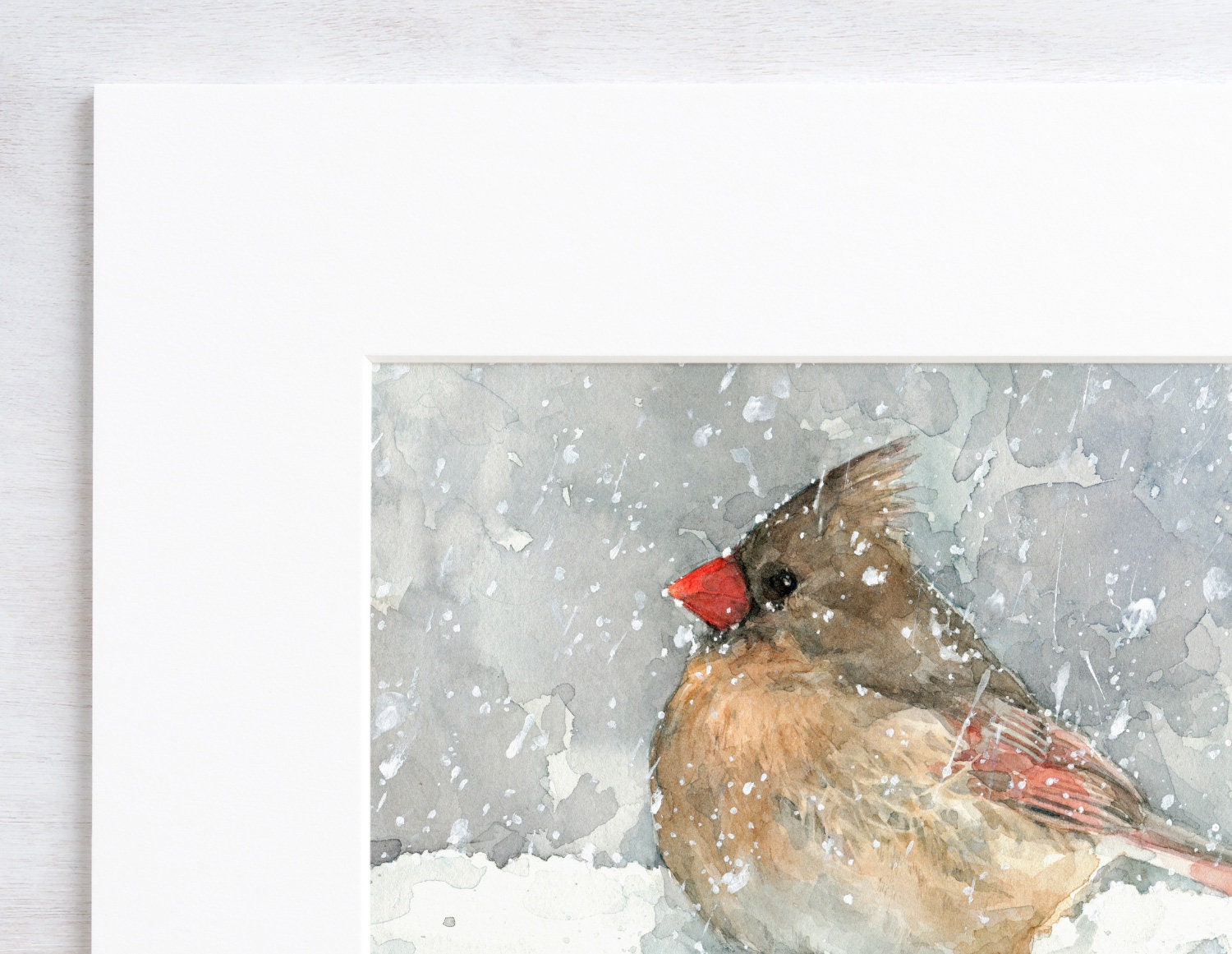 Female Cardinal Watercolor Art Print, Bird In Snow Painting, Backyard Birds