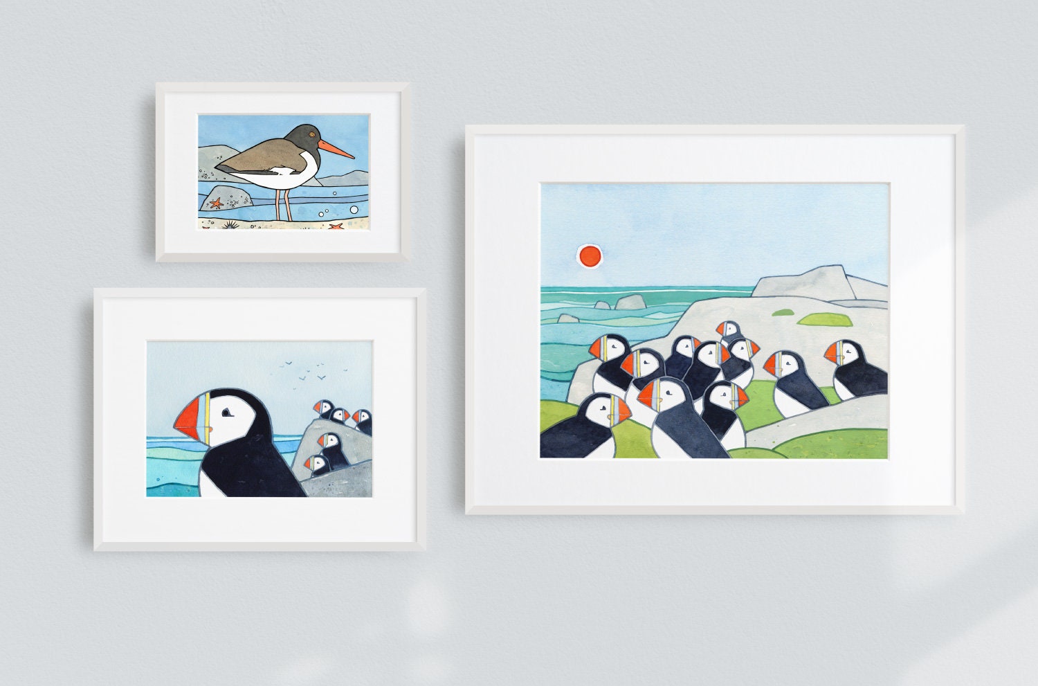 Puffin Colony Art Print, Whimsical Bird Illustration Wall Decor, Puffin Rock