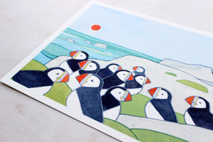 Puffin Colony Art Print, Whimsical Bird Illustration Wall Decor, Puffin Rock