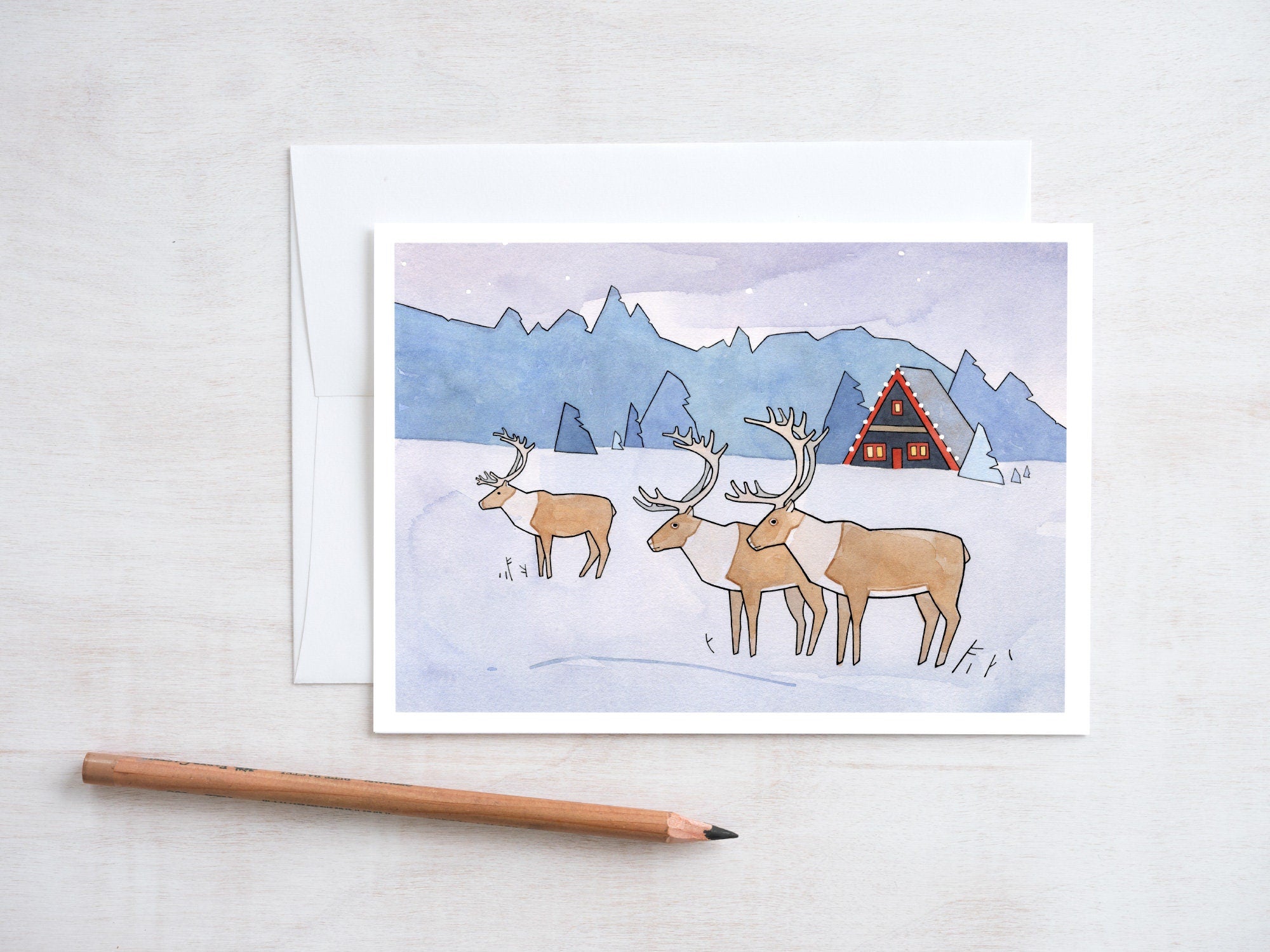 Reindeer Christmas Cards, Scandinavian Holiday Whimsical Art Cards