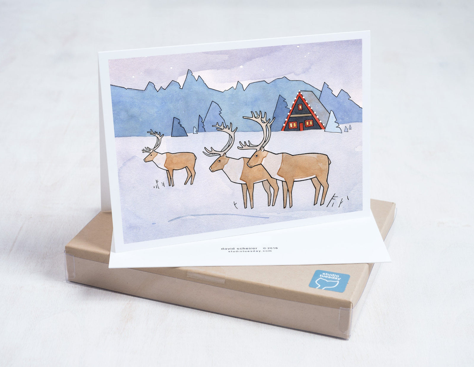 Reindeer Christmas Cards, Scandinavian Holiday Whimsical Art Cards