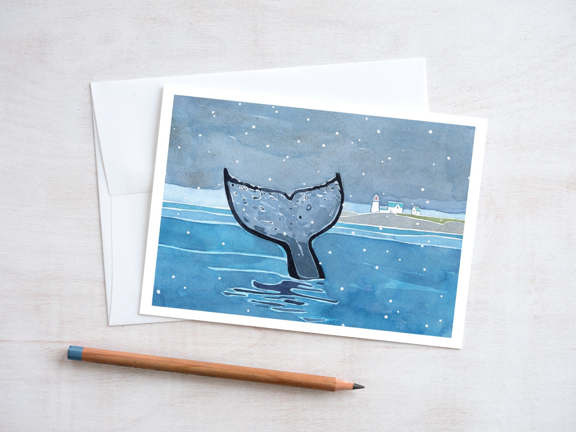 Whale Christmas Card, Whale Tail in Snow Winter holiday card, Nautical Christmas card