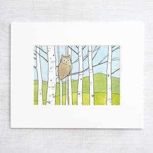 Owl in Aspens Art Print, Owl Nursery Decor Illustration Print