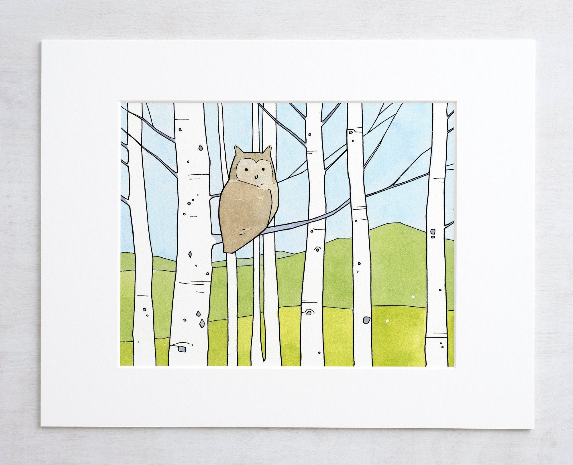 Owl in Aspens Art Print, Owl Nursery Decor Illustration Print