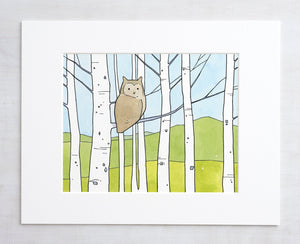 Owl in Aspens Art Print, Owl Nursery Decor Illustration Print