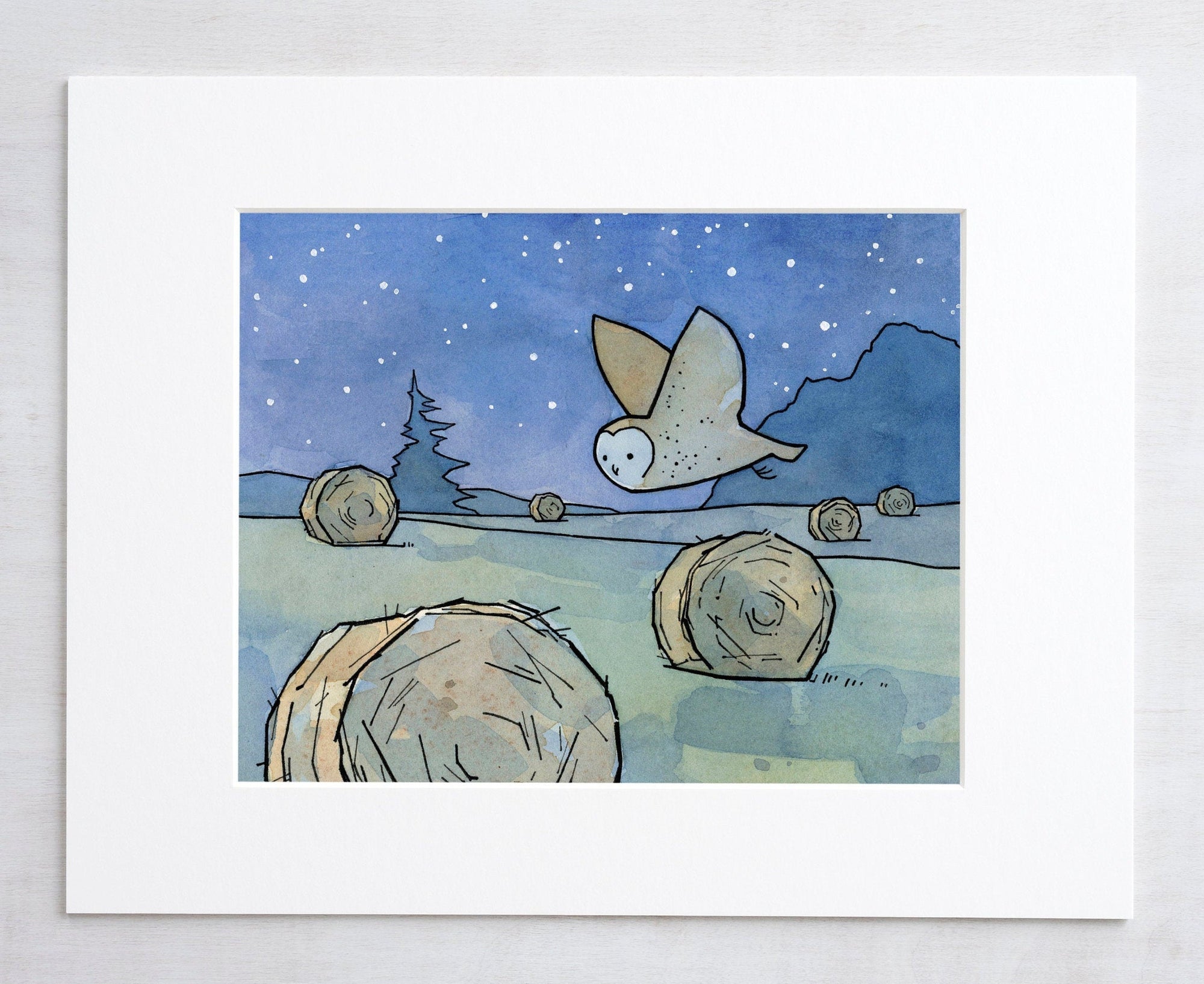 Barn Owl Nursery Art Print, Farm Hay Bales Wall Decor, Childs Room Decor, Dorm Room Art, Fall Art