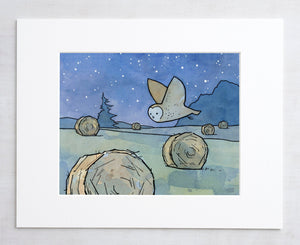Barn Owl Nursery Art Print, Farm Hay Bales Wall Decor, Childs Room Decor, Dorm Room Art, Fall Art