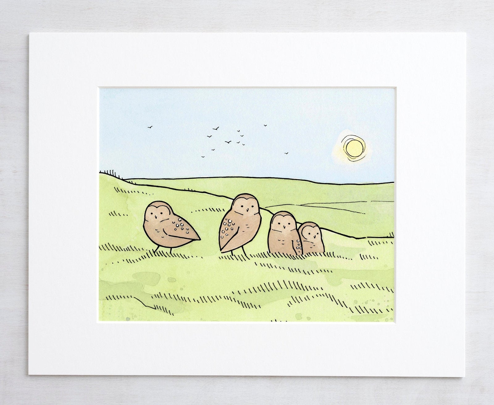 Burrowing Owls Cute Watercolor Illustration Art Print, Nursery Art