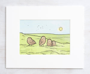 Burrowing Owls Cute Watercolor Illustration Art Print, Nursery Art