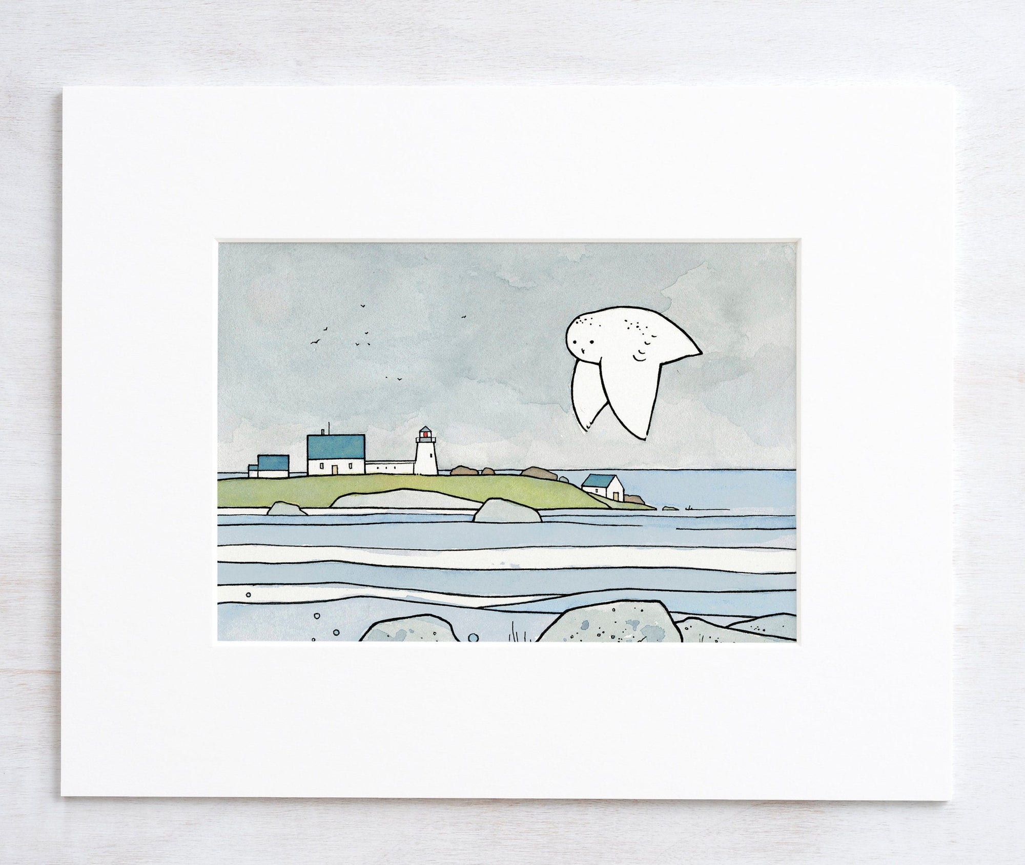 Snowy Owl Coast, Coastal Lighthouse Illustration Nursery Art Print, Wall Art Decor