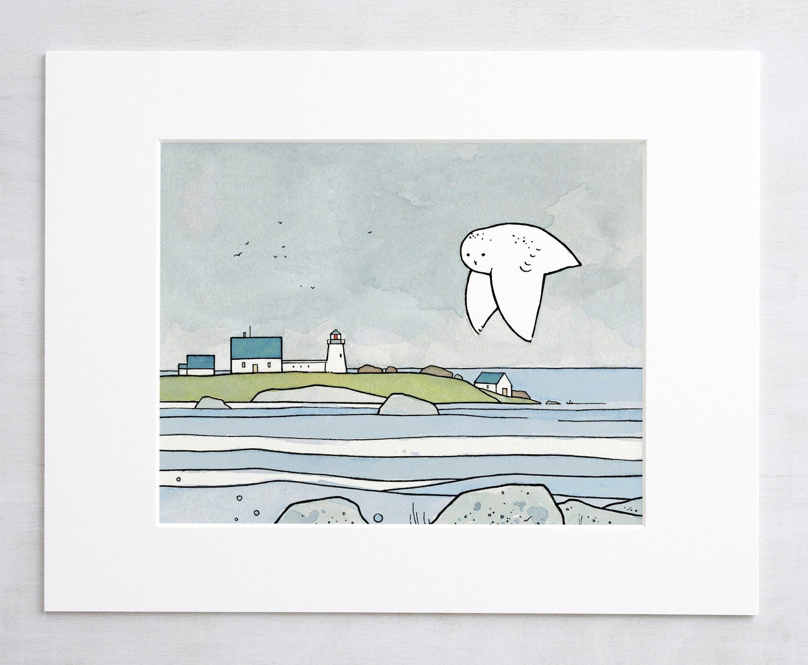 Snowy Owl Coast, Coastal Lighthouse Illustration Nursery Art Print, Wall Art Decor