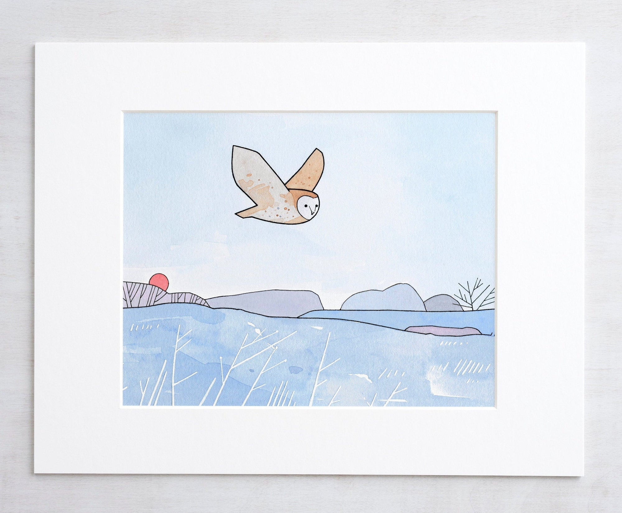 Flying Barn Owl Art Print, Frosty Meadow Winter Illustration, Nursery Wall Art, Winter Decor