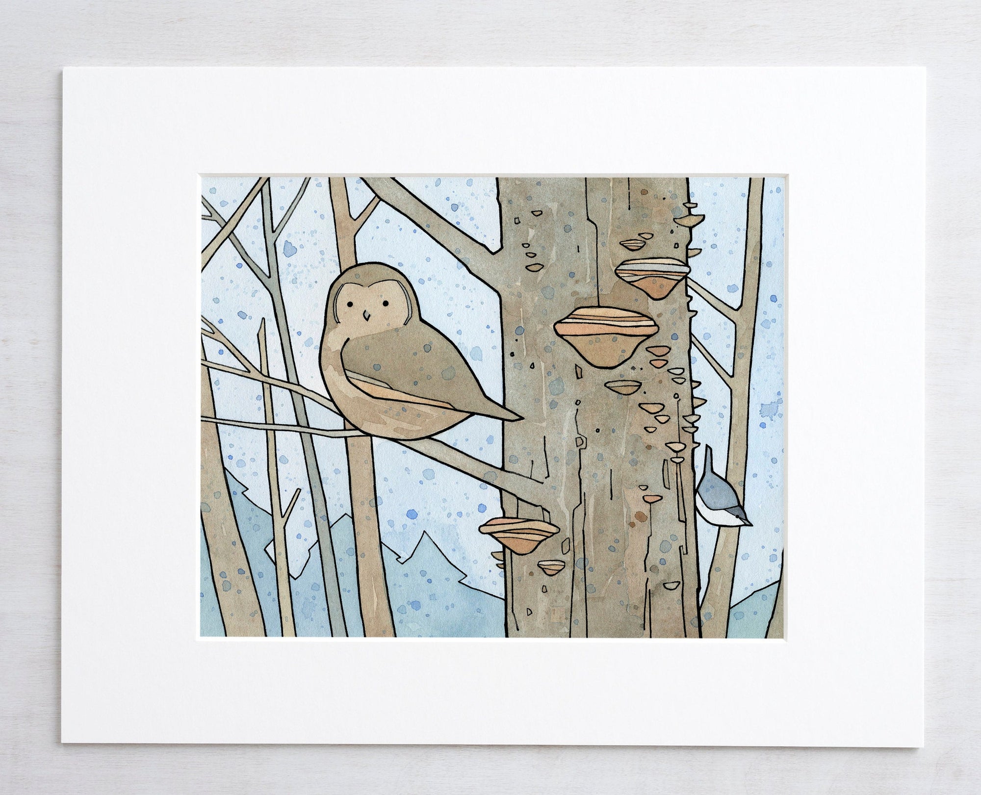 Owl Fungi & Nuthatch Art Print, Woodland Animals Art