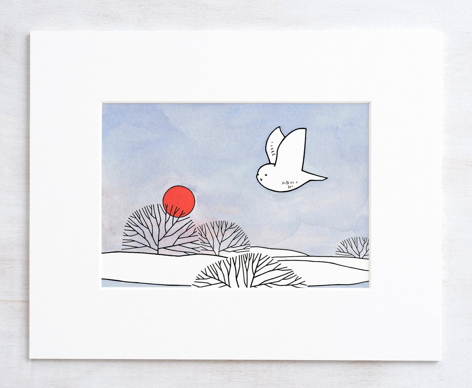 Snowy Owl, Red Sun Winter Illustration Art Print, Country Art Decor