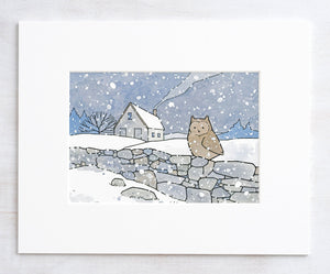 Owl Farmhouse Art, Winter Snow Landscape Illustration Print