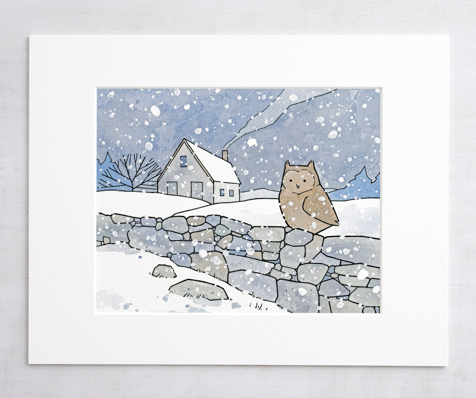 Owl Farmhouse Art, Winter Snow Landscape Illustration Print
