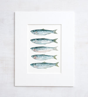 Sardines Fish Watercolor Art Print, Coastal Kitchen Art