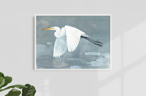 Great Egret Print, Large Bird Watercolor Painting, Coastal Bird Art