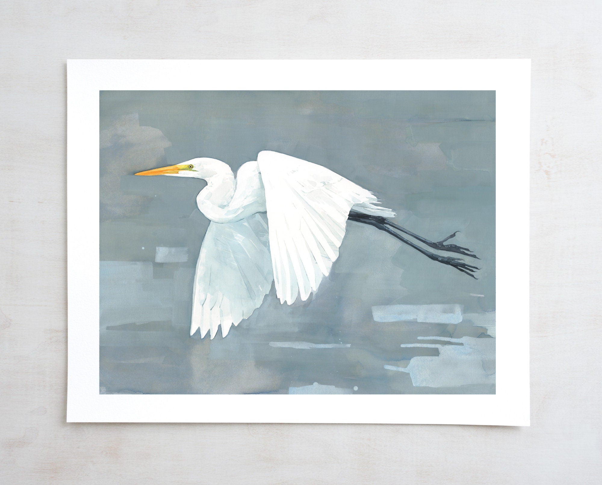 Great Egret Print, Large Bird Watercolor Painting, Coastal Bird Art