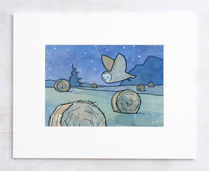 Barn Owl Nursery Art Print, Farm Hay Bales Wall Decor, Childs Room Decor, Dorm Room Art, Fall Art