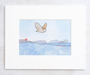 Flying Barn Owl Art Print, Frosty Meadow Winter Illustration, Nursery Wall Art, Winter Decor