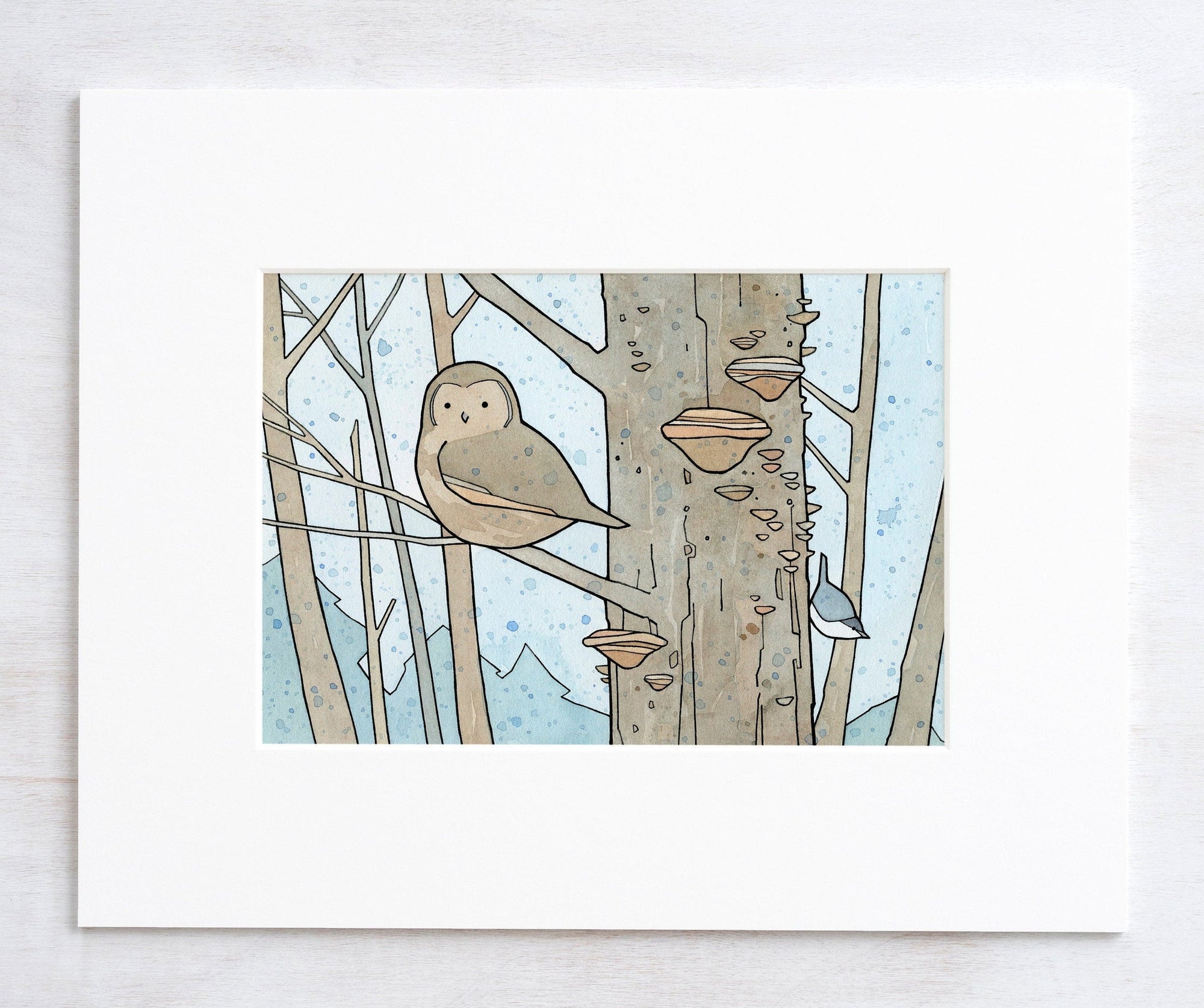 Owl Fungi & Nuthatch Art Print, Woodland Animals Art