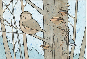 Owl Fungi & Nuthatch Art Print, Woodland Animals Art