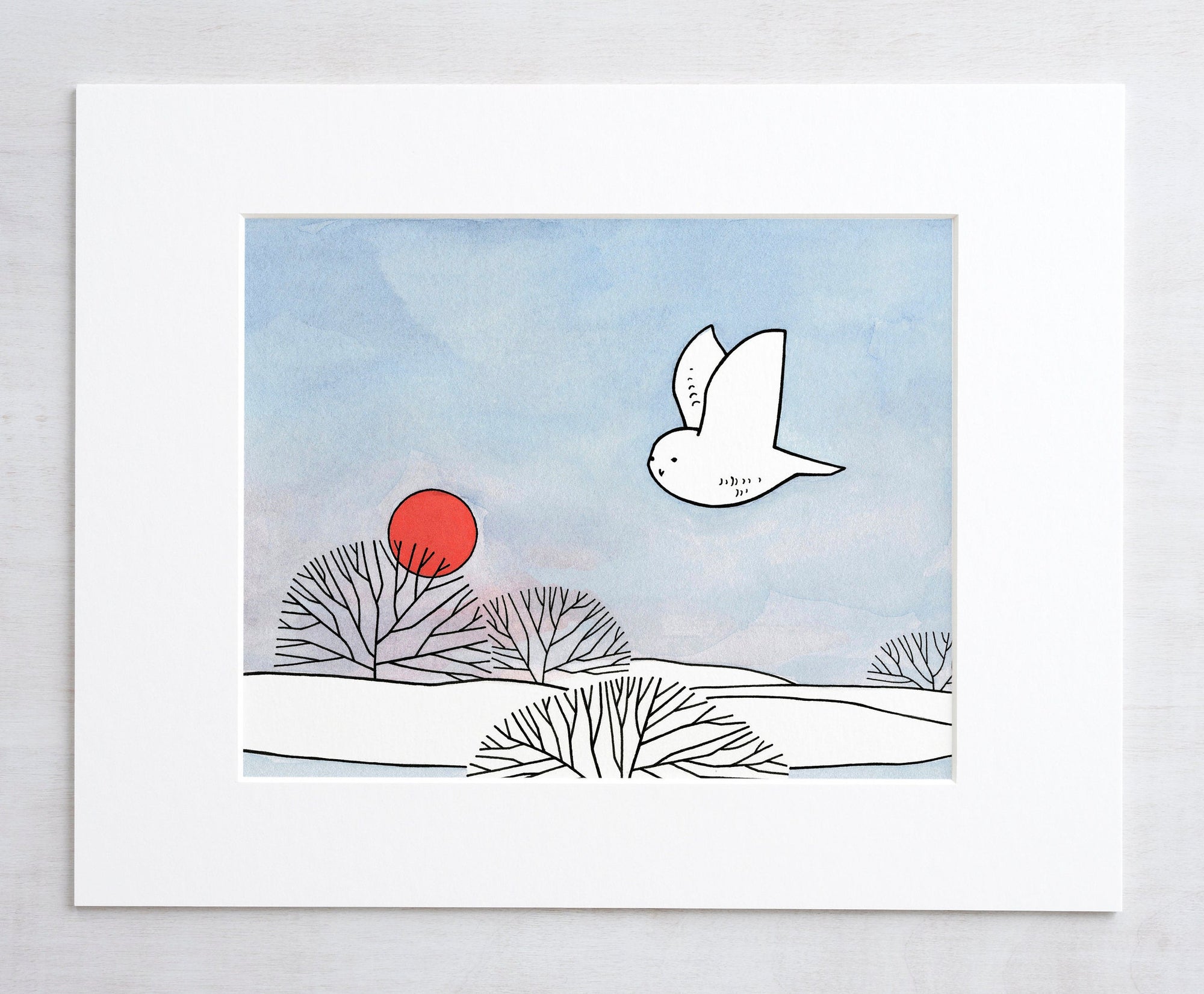Snowy Owl, Red Sun Winter Illustration Art Print, Country Art Decor