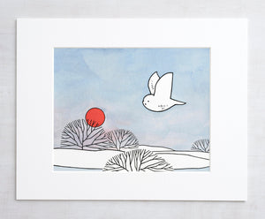 Snowy Owl, Red Sun Winter Illustration Art Print, Country Art Decor