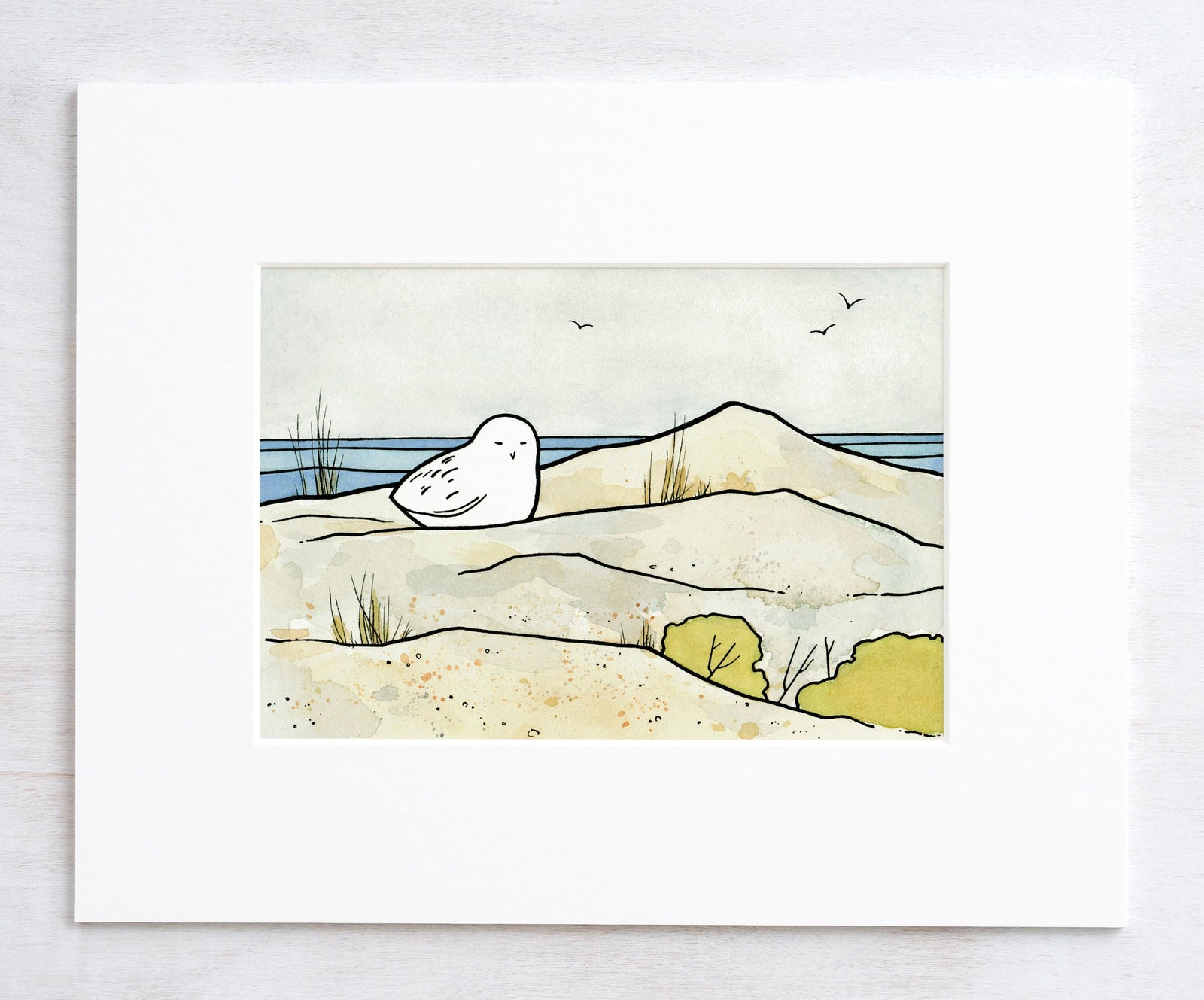 Snowy Owl Beach Watercolor Art Print, Nursery Print