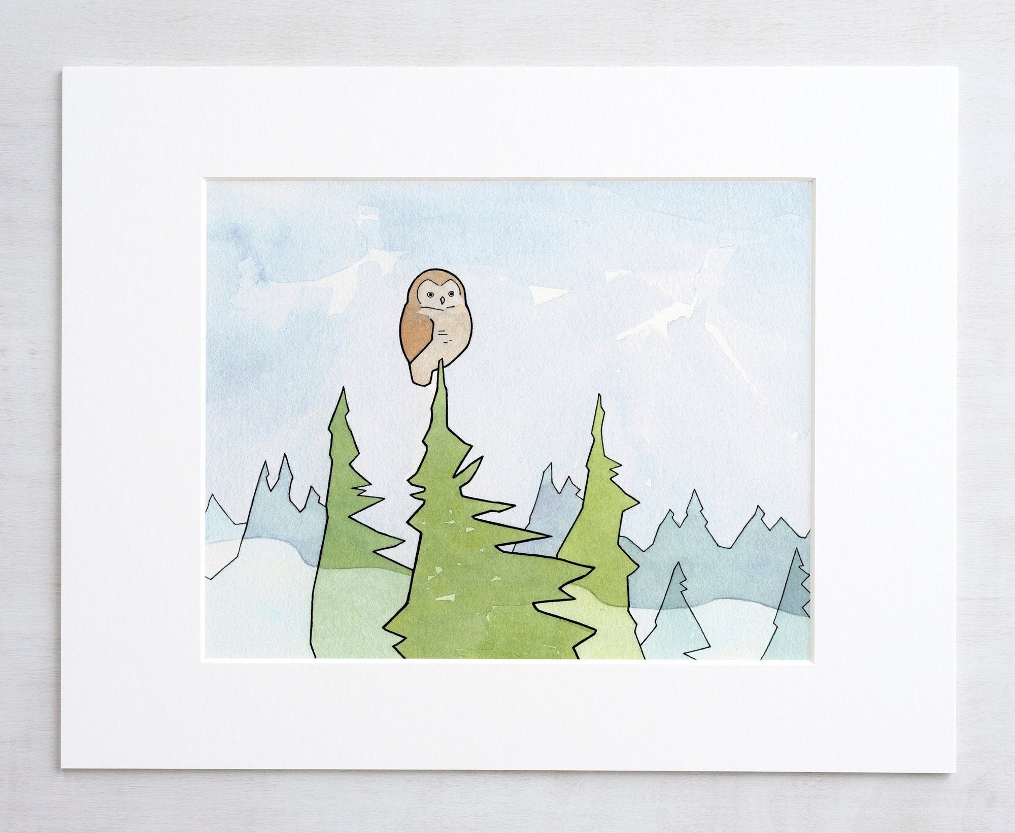 Owl Pines & Fog Art Print, Woodland Illustration Art