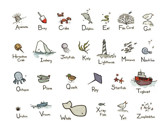 Ocean Alphabet Illustrated Print, Nautical ABC Art Print, Nursery Decor