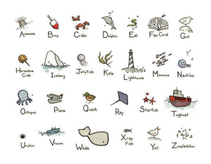 Ocean Alphabet Illustrated Print, Nautical ABC Art Print, Nursery Decor
