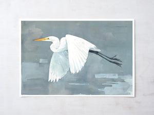Great Egret Print, Large Bird Watercolor Painting, Coastal Bird Art