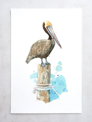 Pelican Watercolor Art Print, Nautical Bird Painting, Coastal Decor