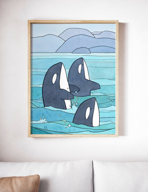 Orca Print, Killer Whales Illustration, Pacific Northwest Coastal Nursery Art