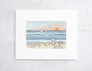 Beach Illustration Sandpipers and Whales Print, Coastal Shore Art Illustration