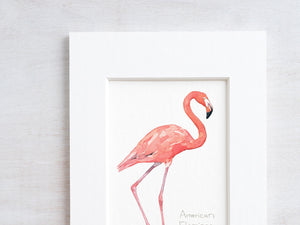 Flamingo Miniature Art Print, Tropical Coastal Bird Watercolor Painting