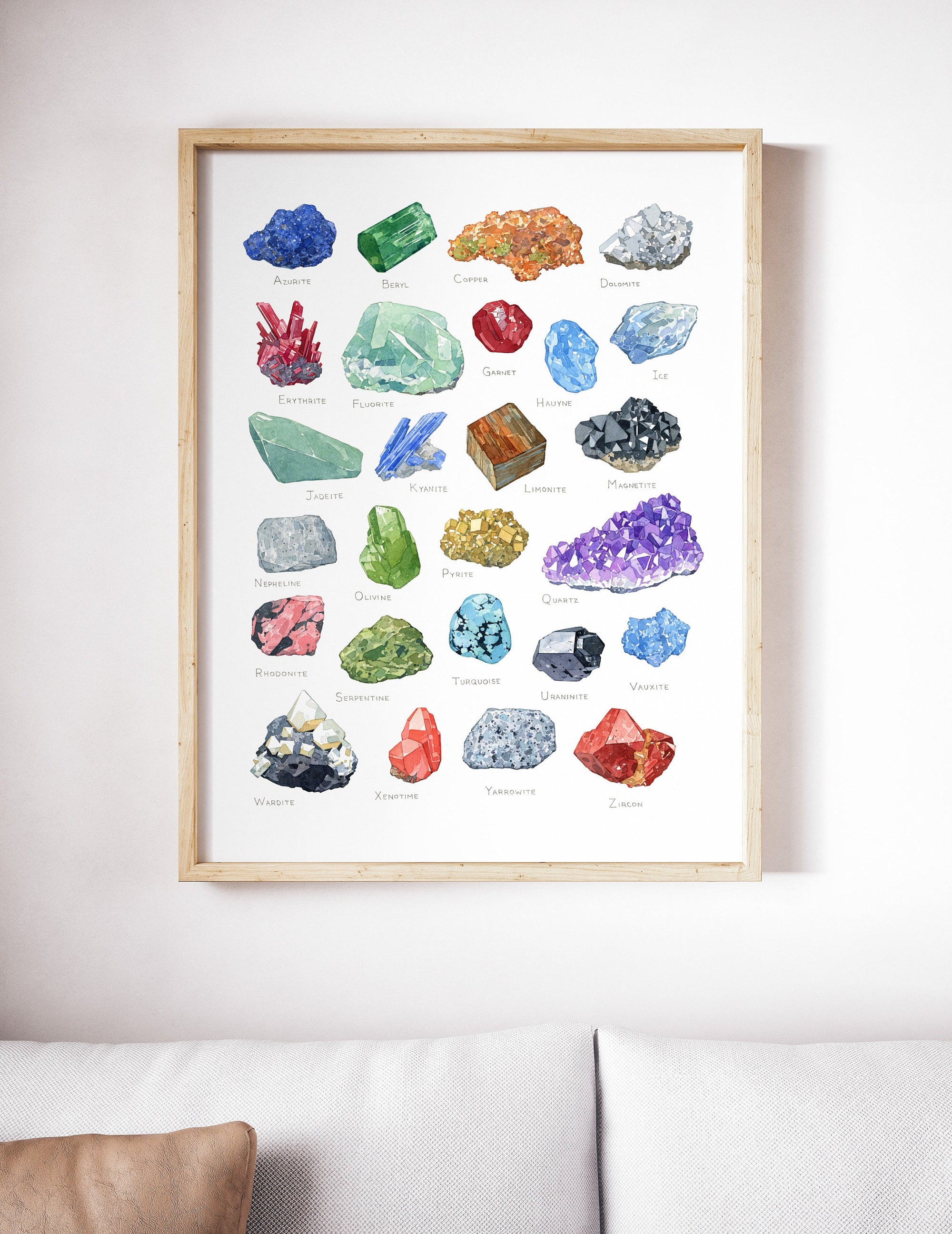 Minerals Watercolor Alphabet Art Print, Gemstone Painting, Crystal Poster