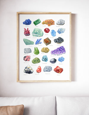 Minerals Watercolor Alphabet Art Print, Gemstone Painting, Crystal Poster